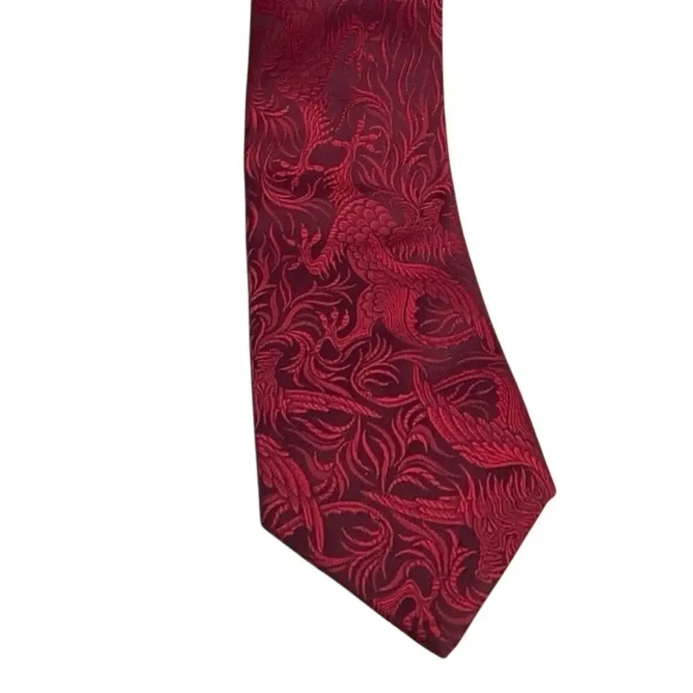 Vtg Necktie ERNST SF Union wide burgundy/red brocade floral/dragon design